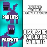 every parent in the world | DISCUSSING BAD GRADES 
AT A REASONABLE TIME DISCUSSING BAD GRADES
 AT DINNER PARENTS PARENTS | image tagged in drake hotline bling meme fnaf edition | made w/ Imgflip meme maker