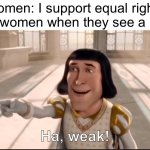 Which one? Sexism or equality? | Women: I support equal rights
Also women when they see a man:; Ha, weak! | image tagged in the ogre has fallen in love with the princess | made w/ Imgflip meme maker