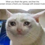 Can gamers relate to this? | When you finish the game, and then the screen shows a thank you message with slowed music | image tagged in sad cat | made w/ Imgflip meme maker