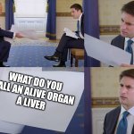 Trump giving man paper | WHAT DO YOU CALL AN ALIVE ORGAN
A LIVER | image tagged in trump giving man paper,puns,bad puns | made w/ Imgflip meme maker