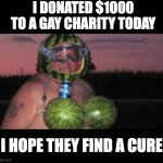 It was worth it | I DONATED $1000 TO A GAY CHARITY TODAY; I HOPE THEY FIND A CURE | image tagged in watermelon man,memes,funny,offensive,gay jokes | made w/ Imgflip meme maker