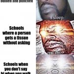 Memes | Schools where kids get bullied and punched; Schools where a person gets a tissue without asking; Schools when you don't say hi when you walk in the classroom | image tagged in shaq meme | made w/ Imgflip meme maker