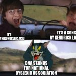 [Insert clever title here] | IT'S DEOXYRIBONUCLEIC ACID IT'S A SONG BY KENDRICK LAMAR DNA STANDS FOR NATIONAL DYSLEXIC ASSOCIATION | image tagged in tom chasing harry and ron weasly | made w/ Imgflip meme maker