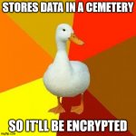 The cloud was too wet for the file server | STORES DATA IN A CEMETERY SO IT'LL BE ENCRYPTED | image tagged in memes,tech impaired duck | made w/ Imgflip meme maker