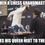 blunder alert | WHEN A CHESS GRANDMASTER; ??? PLACES HIS QUEEN NEXT TO THE KING | image tagged in magnus carlsen rage,chess,rage,mistake | made w/ Imgflip meme maker