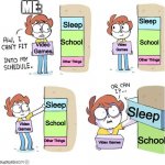 My schedule... | ME:; Sleep; Sleep; School; School; Video Games; Video Games; Other Things; Other Things; Sleep; Sleep; School; Video Games; School; Other Things; Video Games | image tagged in schedule meme | made w/ Imgflip meme maker