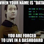 data is forced to live in a dashboard | WHEN YOUR NAME IS "DATA"; YOU ARE FORCED TO LIVE IN A DASHBOARD | image tagged in data-computer | made w/ Imgflip meme maker