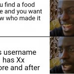 Xx(name)xX | You find a food meme and you want to know who made it His username has Xx before and after | image tagged in disappointed black guy,xxx,memes,funny,imgflip users | made w/ Imgflip meme maker