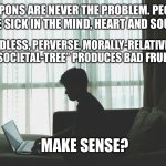 Future mass shooter | WEAPONS ARE NEVER THE PROBLEM. PEOPLE ARE SICK IN THE MIND, HEART AND SOUL. A GODLESS, PERVERSE, MORALLY-RELATIVISTIC “SOCIETAL-TREE” PRODUCES BAD FRUIT. MAKE SENSE? | image tagged in future mass shooter | made w/ Imgflip meme maker