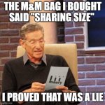 M&Ms Don't Share | THE M&M BAG I BOUGHT SAID "SHARING SIZE" I PROVED THAT WAS A LIE | image tagged in memes,maury lie detector,m and ms | made w/ Imgflip meme maker