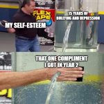 if you relate give me an upvote | 15 YEARS OF BULLYING AND DEPRESSION; MY SELF-ESTEEM; THAT ONE COMPLIMENT I GOT IN YEAR 2 | image tagged in flex tape leak meme | made w/ Imgflip meme maker