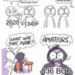 Amateurs Blank Template | I'm the worst year EVER! No, I'M the worst year ever! 2020; 1349; 536 BCE | image tagged in amateurs blank template | made w/ Imgflip meme maker