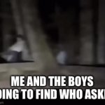 We’re still searching | ME AND THE BOYS GOING TO FIND WHO ASKED | image tagged in gifs,who asked,who cares,lol,funny,memes | made w/ Imgflip video-to-gif maker