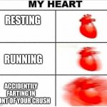 Heartbeat | RESTING; RUNNING; ACCIDENTILY FARTING IN FRONT OF YOUR CRUSH | image tagged in heartbeat,farting in front of your crush,lol | made w/ Imgflip meme maker