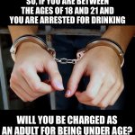 Hmmmm | SO, IF YOU ARE BETWEEN THE AGES OF 18 AND 21 AND YOU ARE ARRESTED FOR DRINKING; WILL YOU BE CHARGED AS AN ADULT FOR BEING UNDER AGE? | image tagged in arrested | made w/ Imgflip meme maker