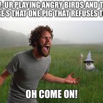 Oh that one Pig | POV: UR PLAYING ANGRY BIRDS AND THEN THERE’S THAT ONE PIG THAT REFUSES TO DIE; OH COME ON! | image tagged in oh come on | made w/ Imgflip meme maker