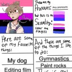 My first ever Imgflip | Ollie; Any pronouns; Gymnastics; My dog; Paint rocks; Editing film; My friends | image tagged in hi i'm,lgbt,lgbtq,lgbtq stream account profile | made w/ Imgflip meme maker