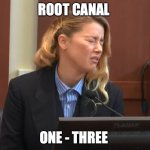 Root canal | ROOT CANAL; ONE - THREE | image tagged in amber heard dog stepped on a bee | made w/ Imgflip meme maker