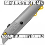 Assault knife | BAN THESE TACTICAL; ASSAULT TERRORIST KNIVES | image tagged in utility knife | made w/ Imgflip meme maker
