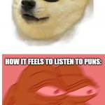 puns | HOW IT FEELS TO MAKE A PUN:; HOW IT FEELS TO LISTEN TO PUNS: | image tagged in mlg doge,puns,funny,memes | made w/ Imgflip meme maker