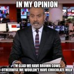 Newsreader | IN MY OPINION; I'M GLAD WE HAVE BROWN COWS OTHERWISE WE WOULDN'T HAVE CHOCOLATE MILK | image tagged in newsreader | made w/ Imgflip meme maker