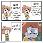 Greek letter names are quirky | gimel > gamma; alef > alpha; zayin > zeta | image tagged in yeah that makes sense | made w/ Imgflip meme maker