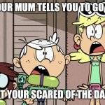 Loud house meme | WHEN YOUR MUM TELLS YOU TO GO OUTSIDE; BUT YOUR SCARED OF THE DARK | image tagged in surprised loud house | made w/ Imgflip meme maker