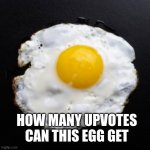 How Many Upvotes Can We Get? | HOW MANY UPVOTES CAN THIS EGG GET | image tagged in eggs,upvotes,srcambled egg | made w/ Imgflip meme maker