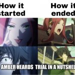 The Rising of the Shield Hero | AMBER HEARDS  TRIAL IN A NUTSHELL | image tagged in the rising of the shield hero | made w/ Imgflip meme maker
