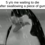 ): | 5 y/o me waiting to die after swallowing a piece of gum | image tagged in sadge,penguins of madagascar | made w/ Imgflip meme maker