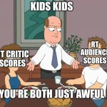 you’re both just awful | KIDS KIDS; RT AUDIENCE SCORES; RT CRITIC SCORES; YOU'RE BOTH JUST AWFUL | image tagged in you re both just awful | made w/ Imgflip meme maker