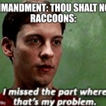8th commandment | 8TH COMMANDMENT: THOU SHALT NOT STEAL 
RACCOONS: | image tagged in tobey i missed the part where that's my problem,raccoon,ten commandments | made w/ Imgflip meme maker