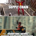 Supply chain challenge | SUPPLY CHAIN; DISRUPTIONS - NATURAL DISASTER, GEO POLITICS, TECHNOLOGY .... | image tagged in joker stairs hit by car | made w/ Imgflip meme maker