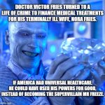 fixing Mr freeze... | DOCTOR VICTOR FRIES TURNED TO A LIFE OF CRIME TO FINANCE MEDICAL TREATMENTS FOR HIS TERMINALLY ILL WIFE, NORA FRIES. IF AMERICA HAD UNIVERSAL HEALTHCARE, HE COULD HAVE USED HIS POWERS FOR GOOD, INSTEAD OF BECOMING THE SUPERVILLAIN MR FREEZE. | image tagged in mr freeze schwarzenegger,dc comics,supervillain,he has a point,universal healthcare,not the real bad guy | made w/ Imgflip meme maker