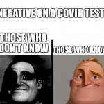Negative covid test | NEGATIVE ON A COVID TEST; THOSE WHO DON’T KNOW; THOSE WHO KNOW | image tagged in teacher s copy mirrored,teacher's copy,memes,fyp,funny,negative | made w/ Imgflip meme maker