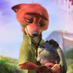 Nick Wilde comforting Judy Hopps