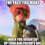 Cheer Up, Bunny | THE FACE YOU MAKE; WHEN YOU BRIGHTEN UP YOUR GIRLFRIEND'S DAY | image tagged in nick wilde comforting judy hopps,zootopia,nick wilde,judy hopps,the face you make when,funny | made w/ Imgflip meme maker