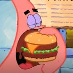 Patrick eats a Krabby Double Deluxe in 1 bite meme