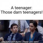 Judging my own age group... | A teenager: Those darn teenagers! | image tagged in self-burn those are rare | made w/ Imgflip meme maker