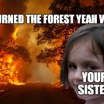 when your sister burn the forest | I BURNED THE FOREST YEAH WHY; YOUR SISTER | image tagged in disaster girl but it's wild fire | made w/ Imgflip meme maker