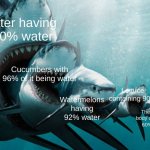 After writing this, water doesn't seem like a word | Water having 100% water; Cucumbers with 96% of it being water; Lettuce containing 90%; Watermelons having 92% water; The human body containing 60% water | image tagged in shark eating shark | made w/ Imgflip meme maker