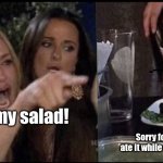 Karen salad | Thats my salad! Sorry fool, should have ate it while you had the chance | image tagged in karen carpenter and smudge cat,funny memes,salad cat,karens | made w/ Imgflip meme maker