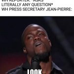 Look... | WH REPORTER: *ASKS LITERALLY ANY QUESTION*
WH PRESS SECRETARY JEAN-PIERRE: LOOK... | image tagged in kevin hart suspicious look | made w/ Imgflip meme maker