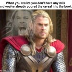 This sums it up: | When you realize you don't have any milk and you've already poured the cereal into the bowl: | image tagged in thor internal screaming meme | made w/ Imgflip meme maker