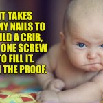 Baby | IT TAKES MANY NAILS TO BUILD A CRIB, BUT ONE SCREW TO FILL IT. I AM THE PROOF. | image tagged in new baby,crib,one screw,fills it | made w/ Imgflip meme maker