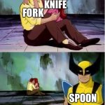 Sad wolverine left out of party | KNIFE; FORK; SPOON | image tagged in sad wolverine left out of party | made w/ Imgflip meme maker