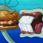 Squidward eating a Krabby patty meme