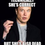 you can't merge!!! | TECHNICALLY SHE'S CORRECT; BUT SHE'S ALSO DEAD | image tagged in musk,car accident | made w/ Imgflip meme maker