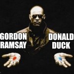 Toughie | DONALD DUCK; GORDON RAMSAY | image tagged in choices | made w/ Imgflip meme maker