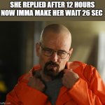 Walter white Approves | SHE REPLIED AFTER 12 HOURS NOW IMMA MAKE HER WAIT 26 SEC | image tagged in walter white approves | made w/ Imgflip meme maker